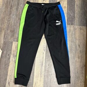 Puma Mens Track Pants XL Black Green Blue Stripe Joggers Athletic Sweatpants